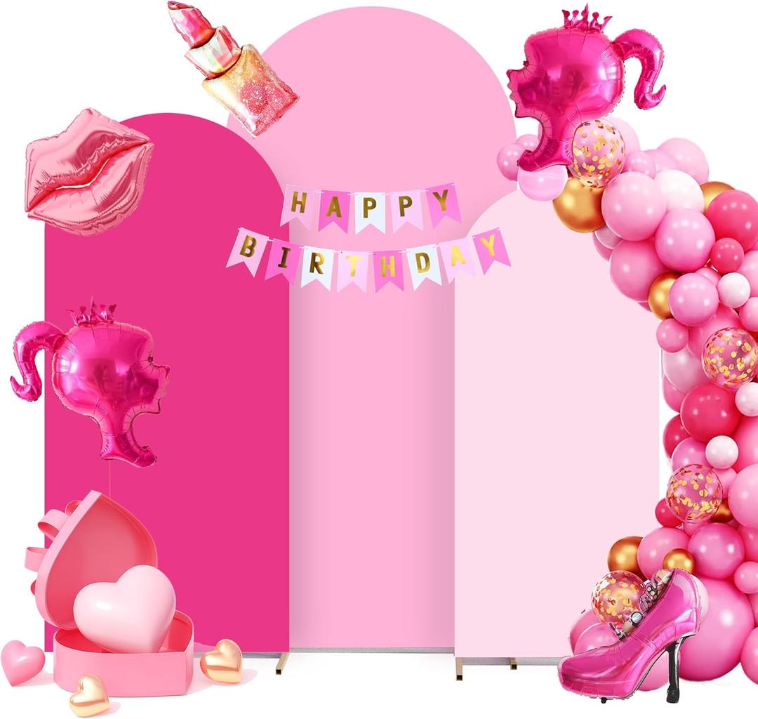 Set of 3 Arch Backdrop Cover Pink Ensemble with Party Banner - Spandex Fitted Wedding Backdrop Covers 7.2ft,6.6ft,6ft for Chiara Backdrop Stand Set. Arch Stand Cover for Wedding Birthday Baby