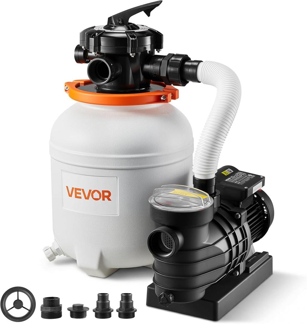 VEVOR 12" Sand Filter Pump for Above Ground Pools Up to 15000 Gallons, 0.33 HP 3000 GPH Pool Filtration System, Pre-Assembled Core for Easy Setup, Leak-Resistant Design & 6-Way Valve