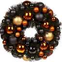 Christmas Ball Wreath 13" Xmas Wreaths Ornaments Glitter Thicken Shatterproof Garland Decoration for Front Door Wall Mantel Christmas Halloween Holiday Party Decor, Orange & Black & Gold