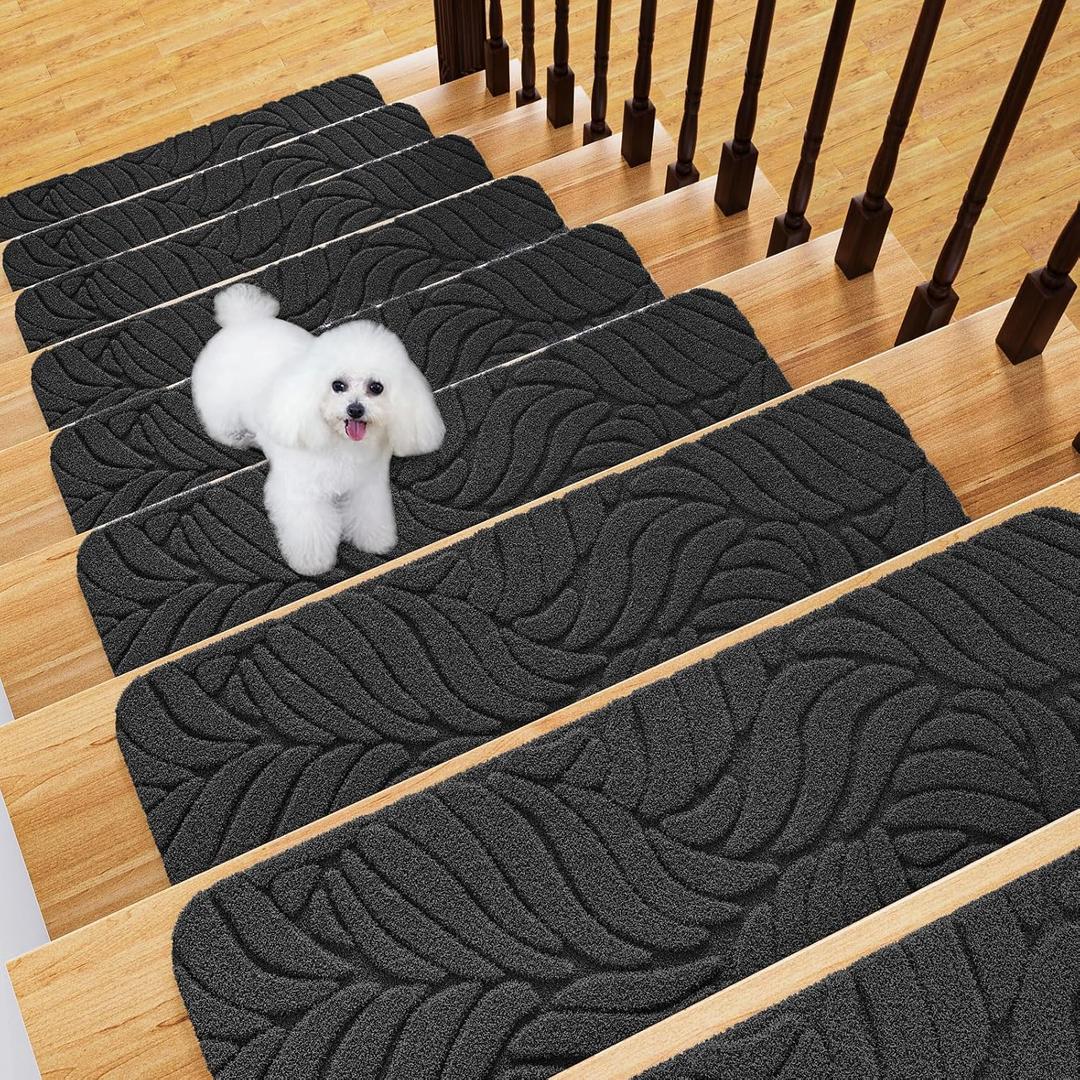 Stair Treads Non Slip for Wooden Steps, 8" X 30" (15-Pack) Stair Runner Carpet Treads Indoor with Reusable Adhesive, Stairslide Carpets Rugs Safety Mats for Elders, Kids & Dogs, Black Leaf