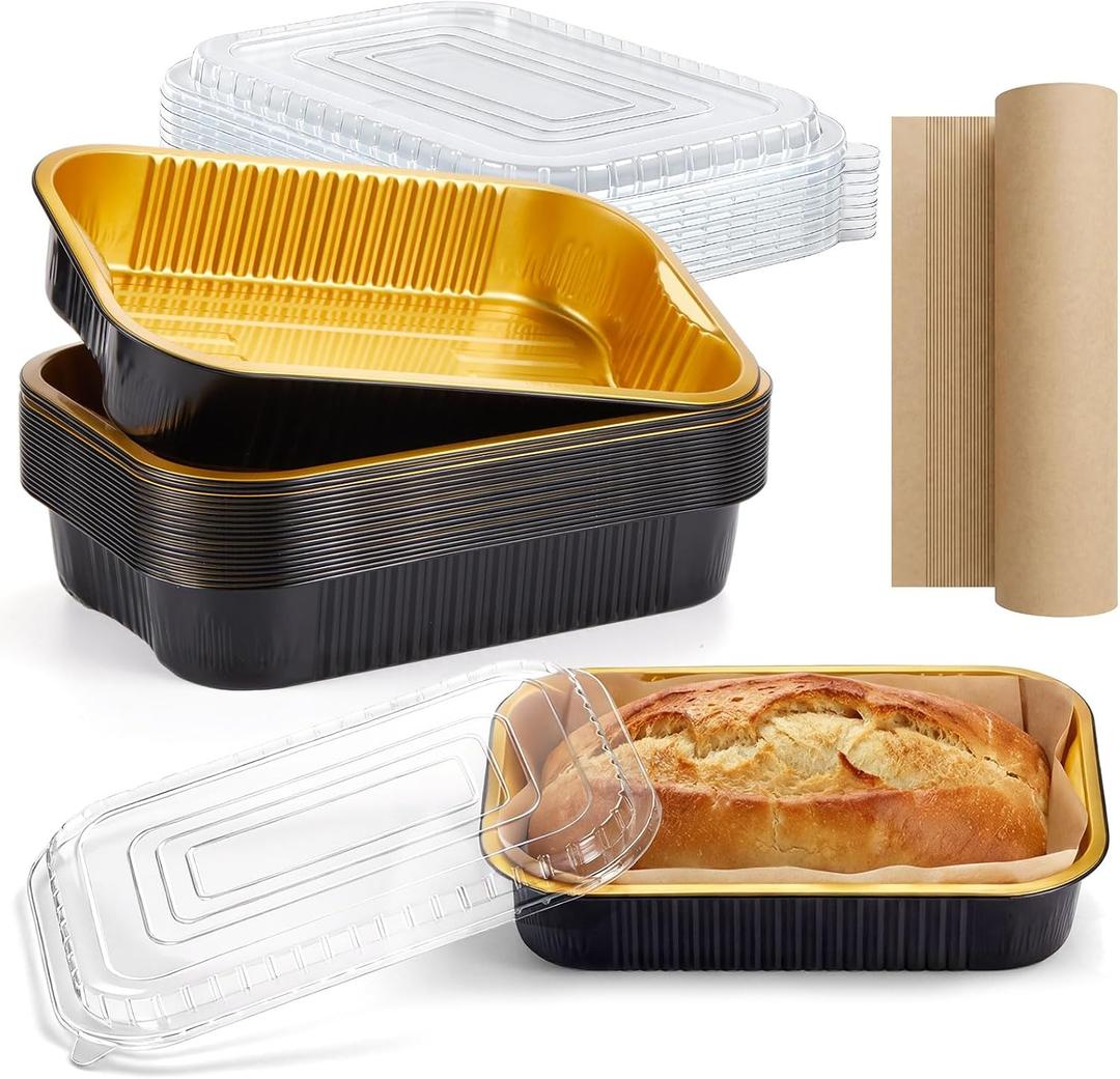 20 Pack Aluminum Loaf Pans with Lids and Baking Paper Disposable Bread Pans 13 x 9.84 x 2.36 Inches Black Gold Aluminum Tin Foil Baking Pan for Food Container Microwave Oven Cooking