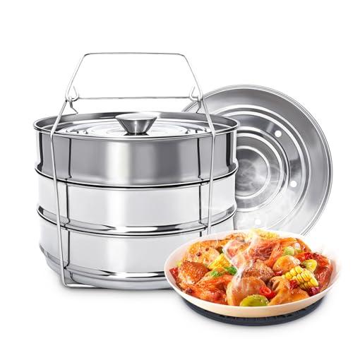 HOSASSPER Instant Pot Insert for 6 & 8 Quart, 3 Tier Steamer Insert Pans 2 Interchangeable Lids and Sling for Instant Pot Pressure Cooker, Pot in Pot for Baking, Steaming & Casseroles