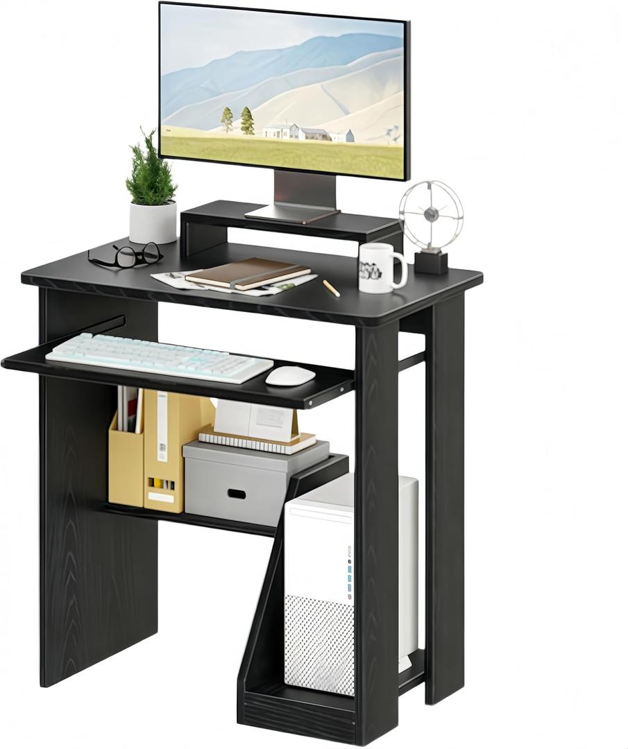 ALISENED 30" Small Computer Desk with Keyboard Tray Monitor Stand, Study Writing Desk with Storage Shelves, Modern Workstation for Small Spaces, Save Space, Black A