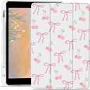 JOYLAND Cute Cherry Bowknot Case for iPad 9th/7th/8th Generation (2021/2020/2019) 10.2 Inch with Pencil Holder Lovely Bow Preppy White Girly Cover Auto Wake/Sleep Foldable Shockproof Case