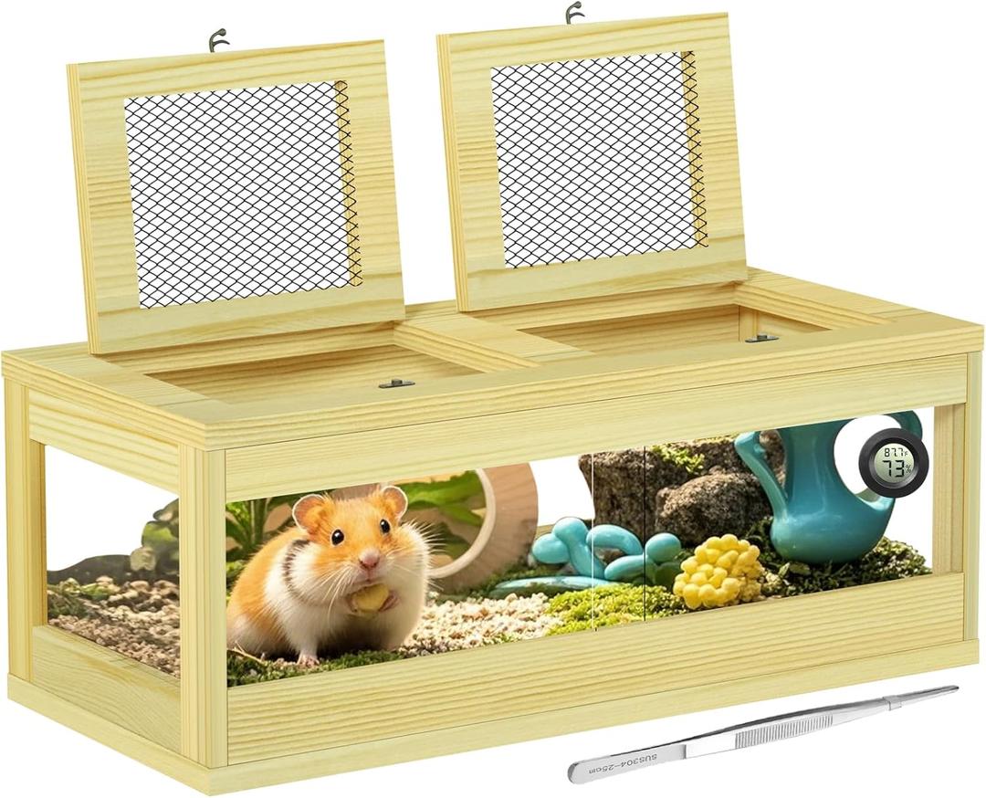 Large Hamster Cage, Solid Wood Gerbil Cage, Chewproof Hamster Cages and Habitats, Sliding Doors, Top Ventilation Window, Guinea Pig Cages for Small Animals, Dwarf, Syrian, Mice, 36" x 18" x 12"
