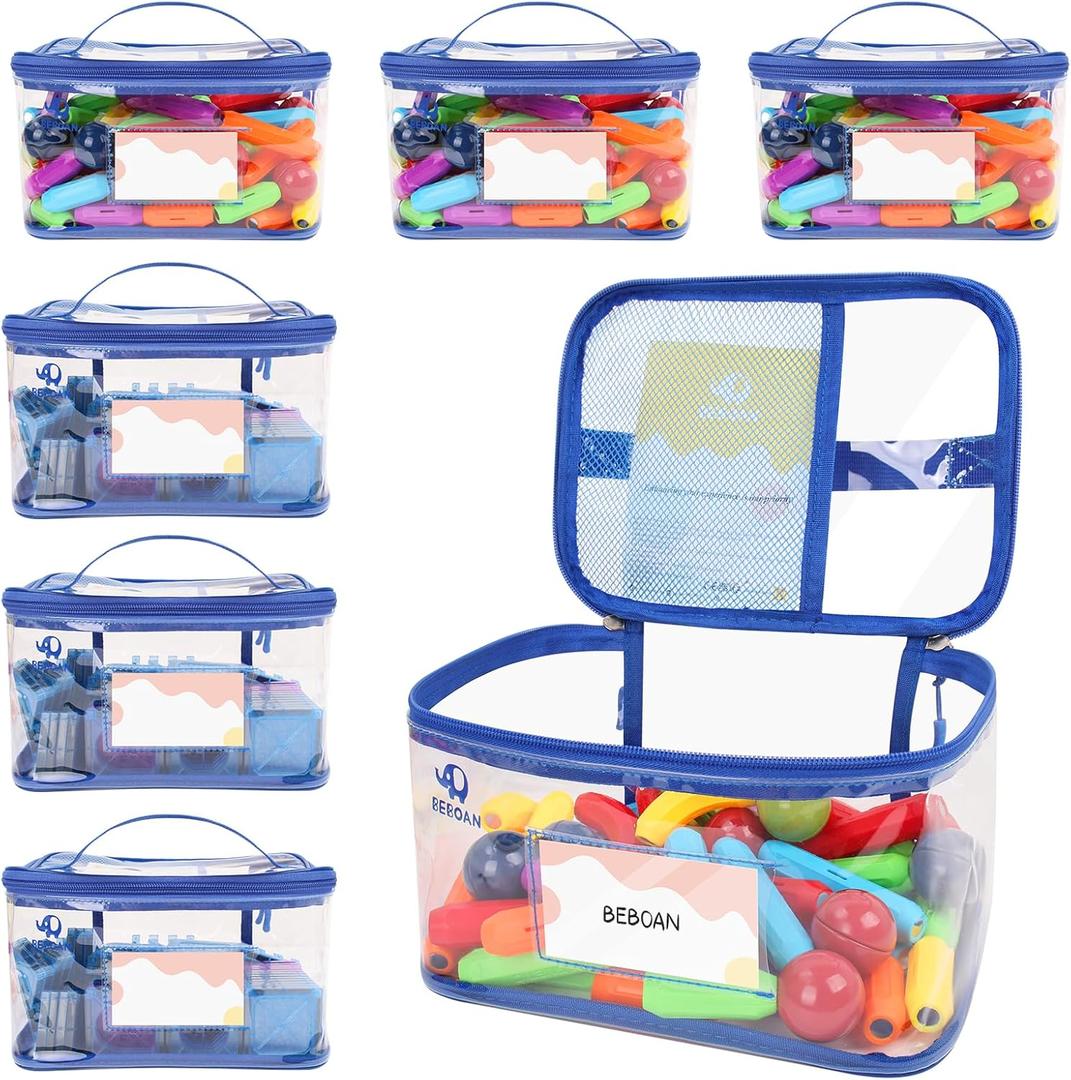 BEBOAN 6 Packs Storage Bags Organizer Jewelry Clothing Storage for Family Members, Travel Waterproof Container for Clutter and Other Little Items, Reusable Clear PVC Organizing Case Bags Blue