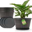 Quarut 16 Inch Brown Classic Plastic Whiskey Barrel Planters Set of 4 with Drainage Holes & Trays for Indoor & Outdoor Use