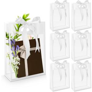 BadenBach 20 PCS Clear Gift Bags with Handles,7"x10"x3.2", Reusable Clear Party Favor Bags with Ribbon,Transparent Plastic Gift Bags for Bridal Party Baby Shower Wedding Mother's Day,White