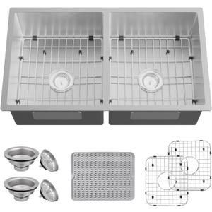 Kitchen Sink, 50/50 Double Bowl 33x19x8 Inch Undermount Stainless Steel Drop In Large Kitchen Sink Combo-Stainless Grid, Silicon Mat, Installation Clips For Modern SS Stylish Kitchen&Bar