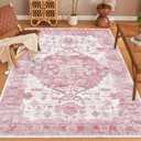 8x10 Area Rugs for Living Room & Bedroom - Washable Boho Vintage Pink Low Pile Large Area Rugs - Non Slip, Ultra Soft Home Decor for Dining Room & Kids Playroom