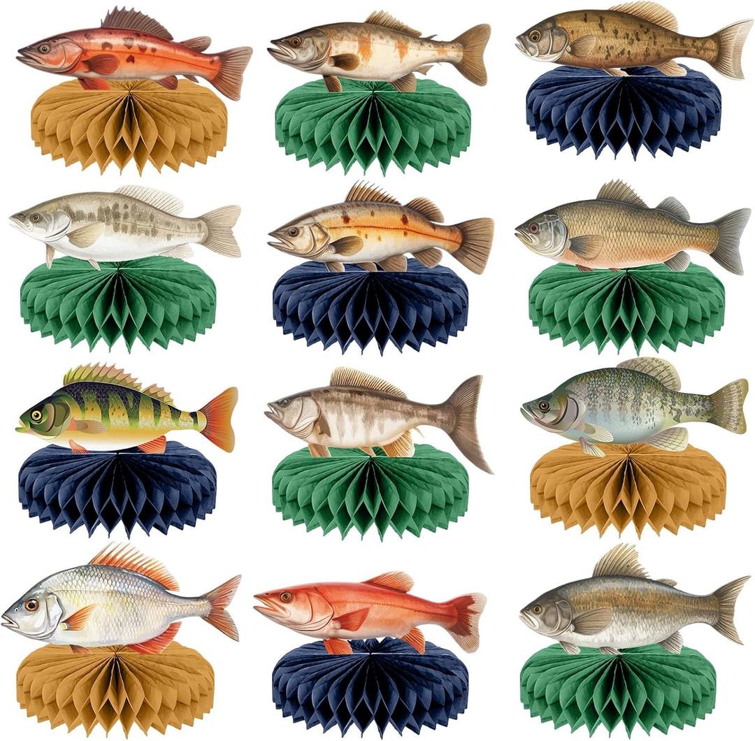 12PCS Fishing Birthday Party Decorations Gone Fishing Honeycomb Table Centerpiece Little Fisherman Birthday Party Table Topper for Ofishally One Birthday Fishing Tournament Retirement Party Supplies