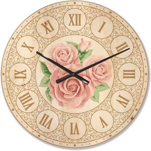 'Three Pink Roses Shabby Chic Vintage ' Modern Wood Wall Clock Large Decorative Modern Wall Clock Oversized Wood Clocks for Living Room Dcor (23x23)