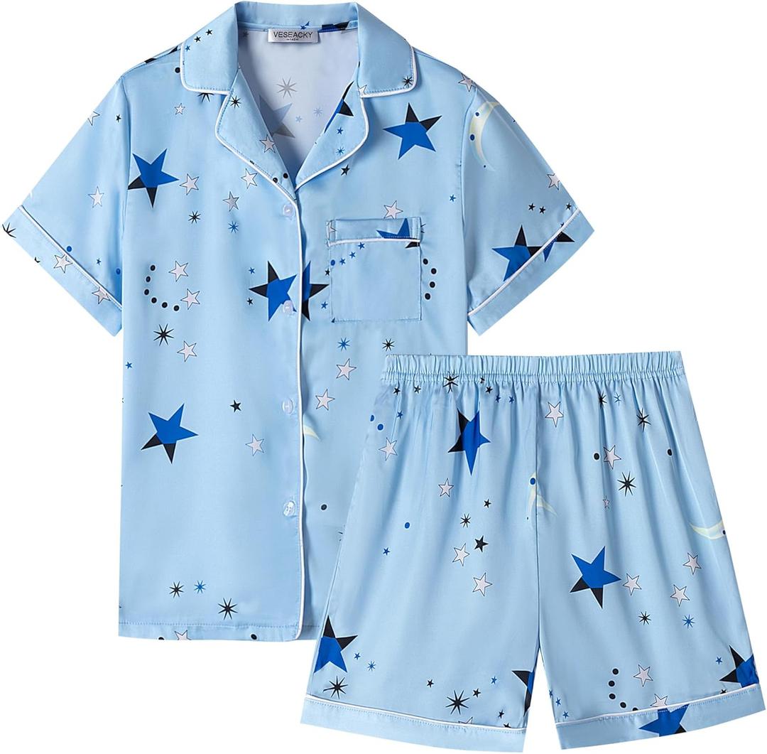 Veseacky Satin Pajama Sets for Girls Silk Button Down PJ Set Silk Sleepwear Birthday Pajamas Gift (Blue Star,size 10)