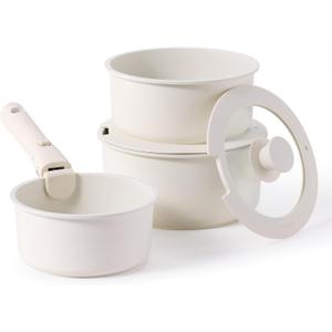 CAROTE 6pcs Nonstick Sauce Pan Sets with Lid 3 Sizes1.5QT, 2QT & 3QT, Non Stick Cooking Pot with Detachable Handle, Kitchen Sauce Pots Induction Pot, PFOA FREE, Dishwasher Safe, Cream White