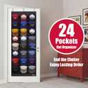 Hat Organizer for Baseball Caps, 24 Deep Pockets Hat Rack, Breathable & Visible, Black Hat Holder with 3 Hooks for Door, Bedroom, Closet Organizer