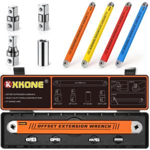 Offset Extension Wrench Set,3/8" Drive Wrench with 1/4",3/8",1/2" Square Drive Adapters and 1/4" Socket for Tight Spaces. (Large, Orange)