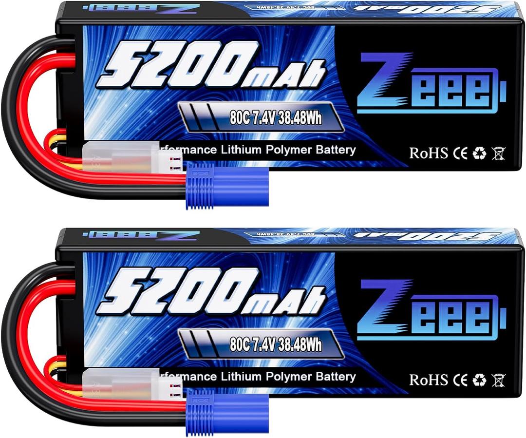 Zeee 2S Lipo Battery 7.4V 5200mAh 80C Hard Case Battery with EC5 Plug Compatible with 1/8 1/10 RC Vehicles Car Slash RC Buggy Truggy Airplane Drone(2 Pack)