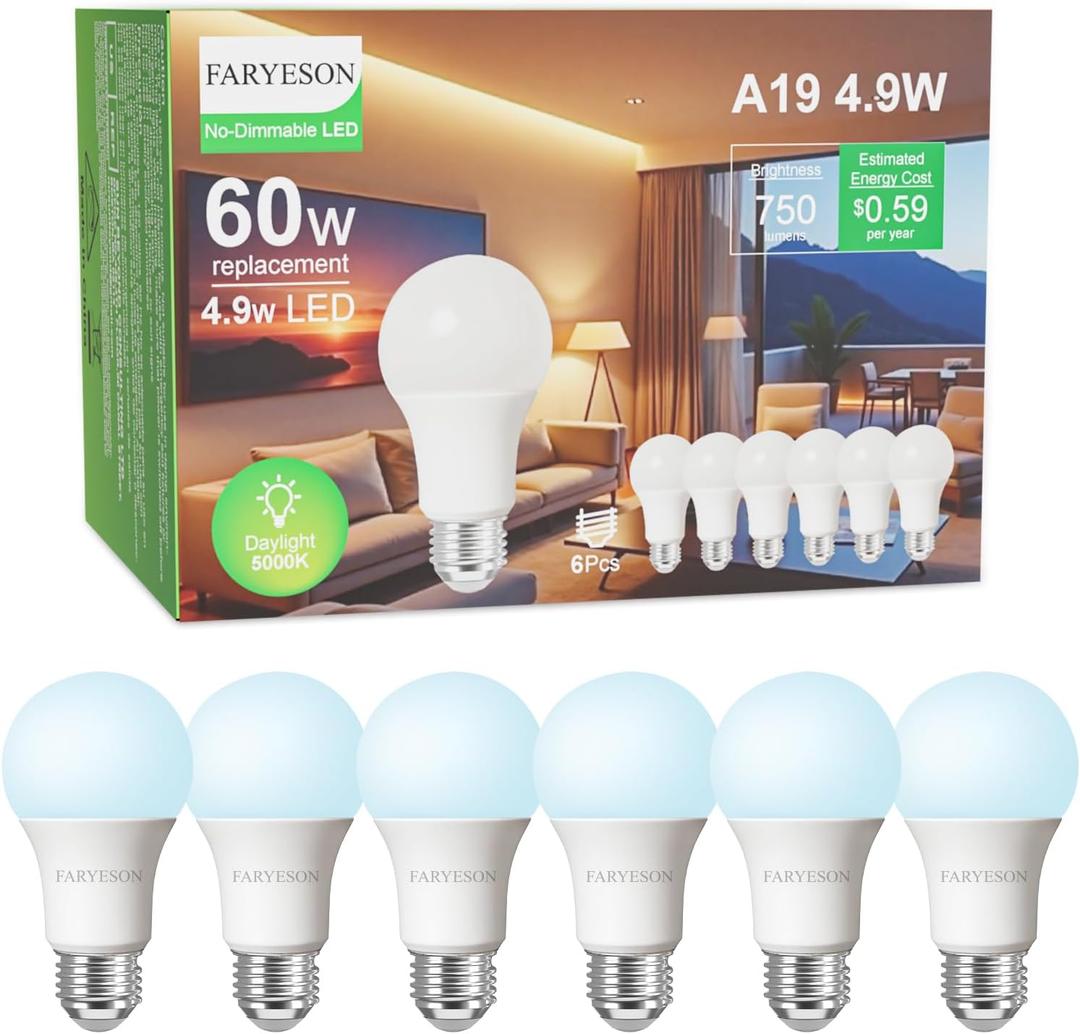 Ultra Efficient 60 Watt Light Bulbs Daylight White, A19 LED E26 Frosted Bulb 5000K 750 Lumens, 30000 Hrs Lifetime, Energy-Efficient 4.9W=60W, Low Heat, Flicker-Free, Non-Dimmable, 6 Pack