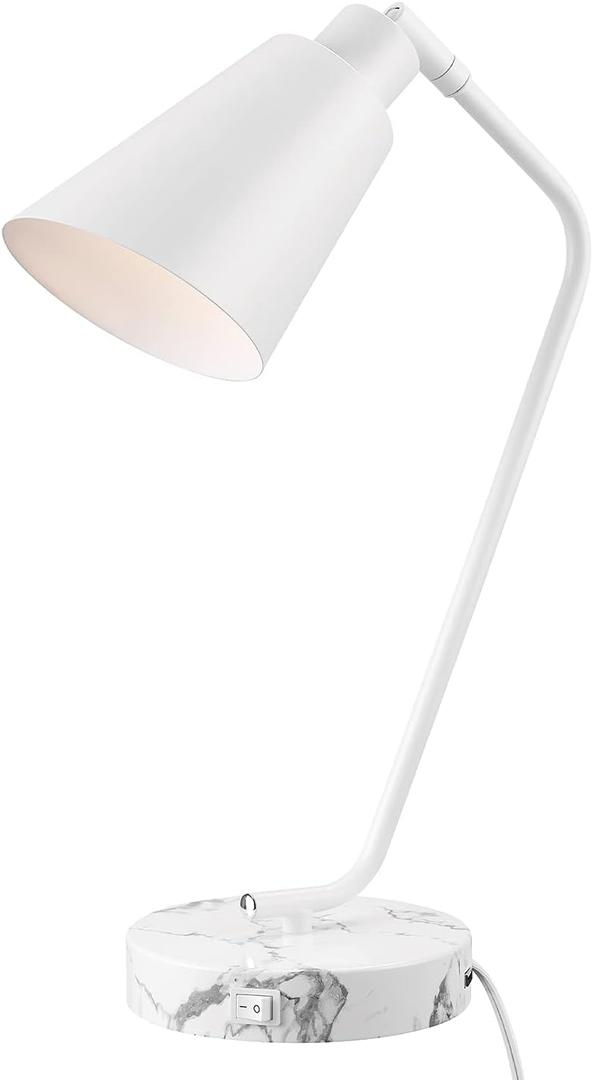 GLOBE Electric 52295 Belmont 17" Desk Lamp, Matte White, White Faux Marble Base, 2.1A USB Port, On Off Rocker Switch at Base