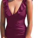 CUPSHE Women's Ruffled One Piece Swimsuit V Neck Lace Up (Medium, Burgundy)