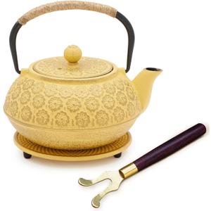 Juvale Japanese Cast Iron Teapot - Stainless-Steel Infuser & Loose Leaf Tea Pot - Superior Heat Retention Cast Iron Kettle - Elegant Floral Trivet For Home Tea Set - 800 ml, Yellow