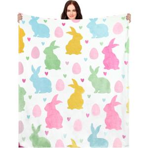 Mindsoft Easter Blanket Spring Bunny Rabbit Eggs Soft Flannel Colorful Decorative Throw Blanket Decor Holiday Square Birthday Gift for Home Couch Sofa Bed Room Decoration, 50x60 Inch