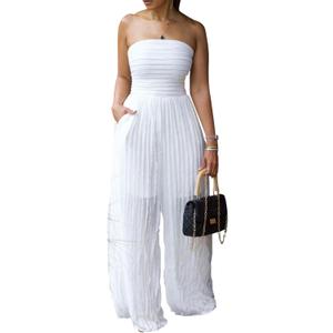 Tcremisa Women's Sexy Strapless Tube Jumpsuit Flowy Sleeveless Off Shoulder Wide Leg One Piece Ruffle Jumpsuits, Large, White