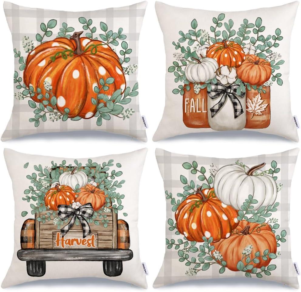 GEEORY Fall Pumpkins Throw Pillow Covers 16x16 Inch Set of 4, Eucalyptus Truck Mason Jars Autumn Decorative Seasonal Farmhouse Decoration for Home (Orange) G545-16
