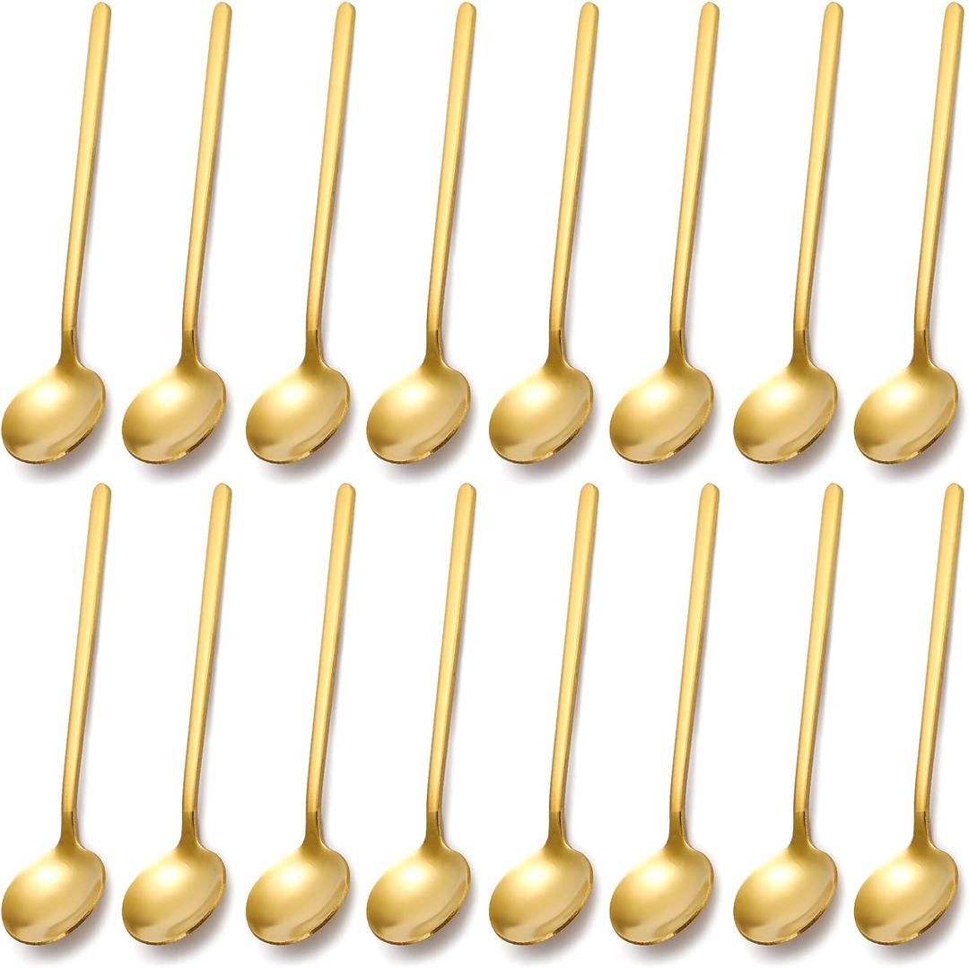 Jucoan 16 Pack Gold Demitasse Espresso Spoons, 5 Inch Mini Coffee Dessert Spoons, Gold Plated Stainless Steel Teaspoons for Ice Cream, Cappuccino, Tea Party Favor, Coffee Bar Station