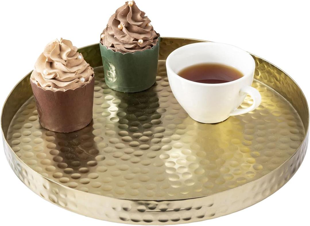 MyGift 11 Inch Deluxe Hammered Brass Round Decorative Tray - Aluminum Plated Serving Display Platter, Centerpieces and Vanity Tray - Handcrafted in India