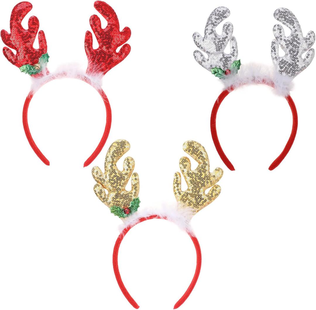 Christmas Reindeer Antlers Headband, 3 PCS Glitter Elk Antlers Hair Bands, Gold Sequin Deer Antler Headwear for Women Girls Xmas Cosplay Costume Hair Accessories Holiday Party Favor Supplies