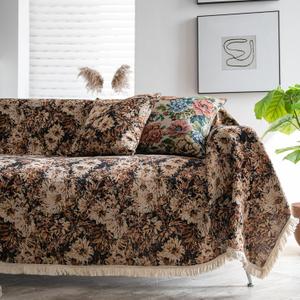 vctops Vintage Jacquard Sofa Covers for Sectional Sofa Floral Pattern Fringe Couch Cover for Dogs Loveseat Covers Futon Cover L Shaped Cover Washable Couch Protector (Coffee Floral,91"x118")
