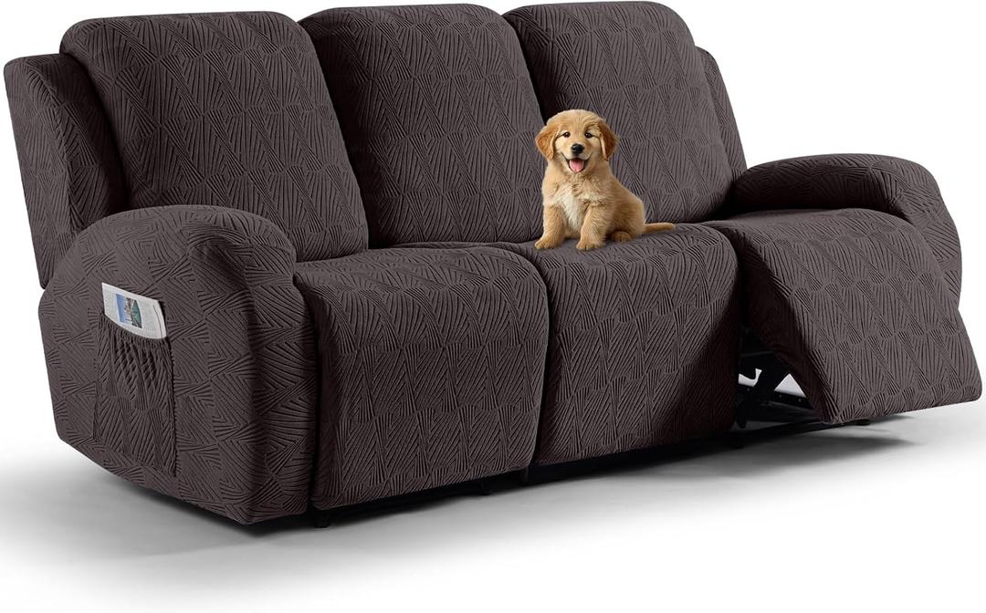 VANSOFY Recliner Sofa Covers, 8-Pieces Stretch Recliner Couch Cover Soft Jacquard Reclining Slipcover Furniture Protector with Elastic Bottom for Kid, Pets (3 Seat,Chocolate)