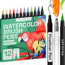 ARTISTRO 12 Watercolor Markers with Flexible Paint Brush Pens for Pros & Beginners - Consistent, Smooth, Bright, Washable, Non-Toxic, Ideal for Coloring, Calligraphy, & Manga