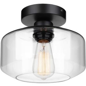 MAXvolador Industrial Semi Flush Mount Ceiling Light, Clear Glass Pendant Lamp Shade, Farmhouse Lighting for Hallway, Vintage Hanging Light Fixtures (Large, Black)