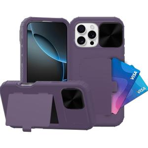 for iPhone 16 Pro Max Case with Card Holder and Slipable Camera Protector, Phone Case for iPhone 16 Pro Max, Military-Grade Drop Protection, with Hidden Cosmetic Mirror, (Galactic Violet)