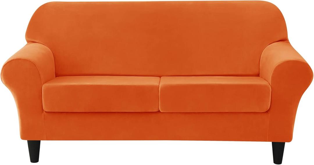CONRUSER Stretch Sofa Slipcover, Soft Velvet Sofa Covers for 2 Cushion Couch Thick Furniture Protector for Pets & Kids (Orange, M)
