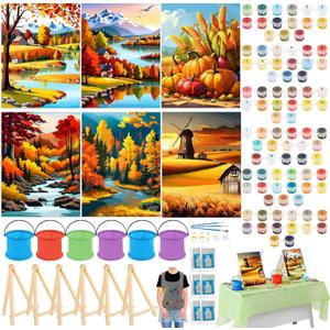 Gersoniel 6 Sets Fall Paint by Numbers Kit for Adults, 16x12 Inch Fall Forest Autumn Landscape Paint by Number DIY Framed Canvas for Home Wall Thanksgiving Decor