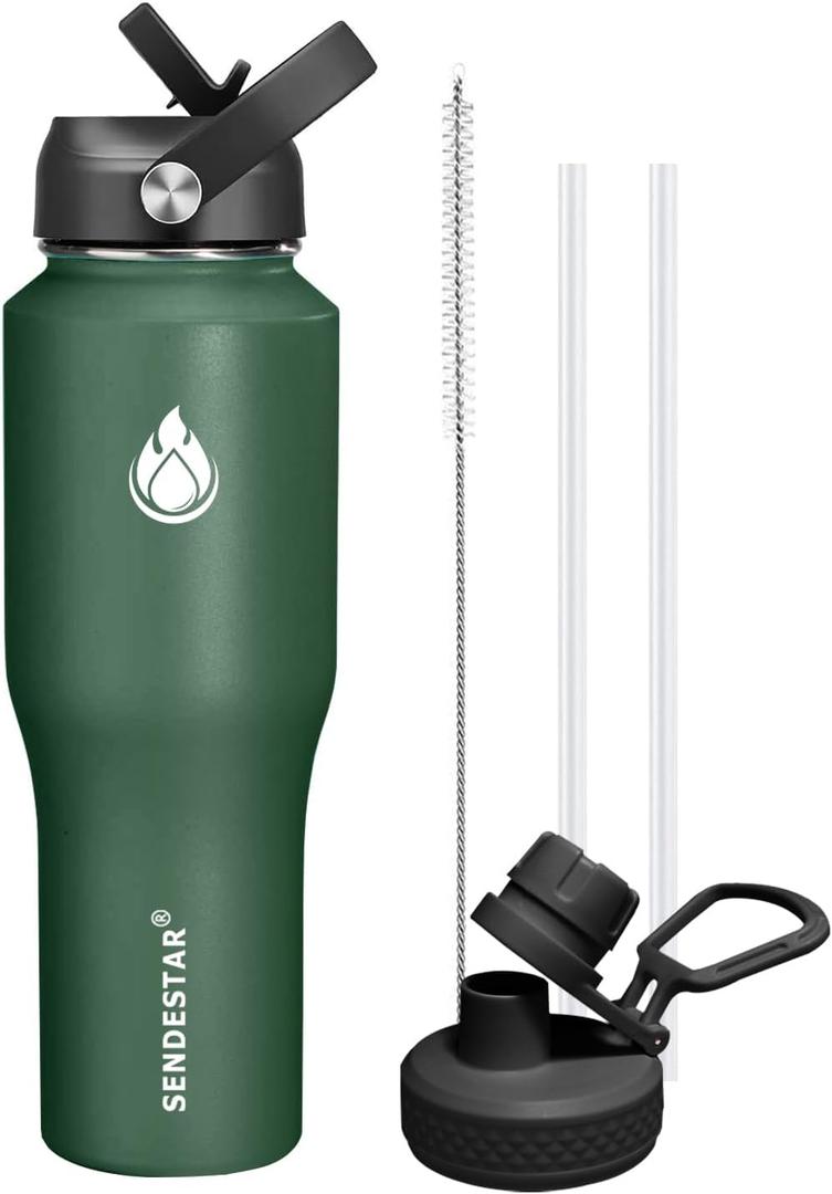 SENDESTAR Water Bottle,Wide Mouth Stainless Steel Vacuum Insulated Double Wall Keep Liquids Cold or Hot All Day,Sweat Proof Sport Design,Fit Car Cup Holder,Dark Green,32 Ounces