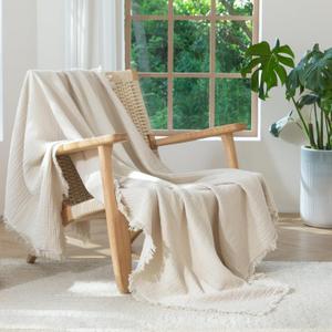 MooMee Muslin Blanket - 100% Cotton 4-Layer Gauze Throw Blanket with All-Around Fringe, Soft Breathable Lightweight Cooling Summer Blankets for Bed Couch (Beige,Twin XL 66" x 90")