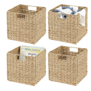 mDesign Seagrass Woven Cube Basket Organizer with Handles - Storage for Bedroom, Office, Living Room, Bathroom, Perfect for Cubby Storage Units - Hold Blankets, Magazines, Books - 6 Pack - Brown Wash