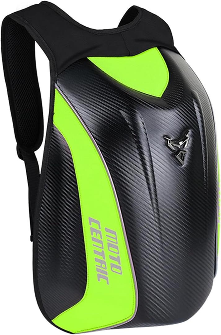 mjmoto Motorcycle Backpack Waterproof Large Capacity Carbon Fiber Rider Backpack Hard Shell Reflective Motorbike Travel Suitcase Light Version (Green)