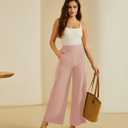 FireSwan Women's Wide Leg Work Pants High Elastic Waist Dress Palazzo Pants Trousers with Zipper Pockets (Pink L) (L)