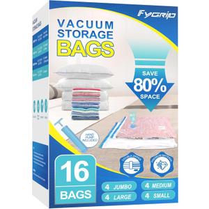 16 Combo Vacuum Storage Bags with Hand Pump, 4 Jumbo + 4 Large + 4 Medium + 4 Small Plastic Packaging Bags, 80% Space Saver Vacuum Seal Bags for Clothing, Travel Lugggage, Blankets, Comforters