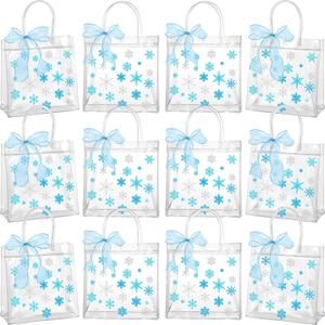 Henoyso 12 Pcs Snowflake Clear Gift Bags Princess Winter Party Favors Bag Valentines Plastic PVC Goodie Candy Treat Tote with Handle Gift Wrapping Supplies, 7.8 x 3.1 in (Blue Snowflakes)