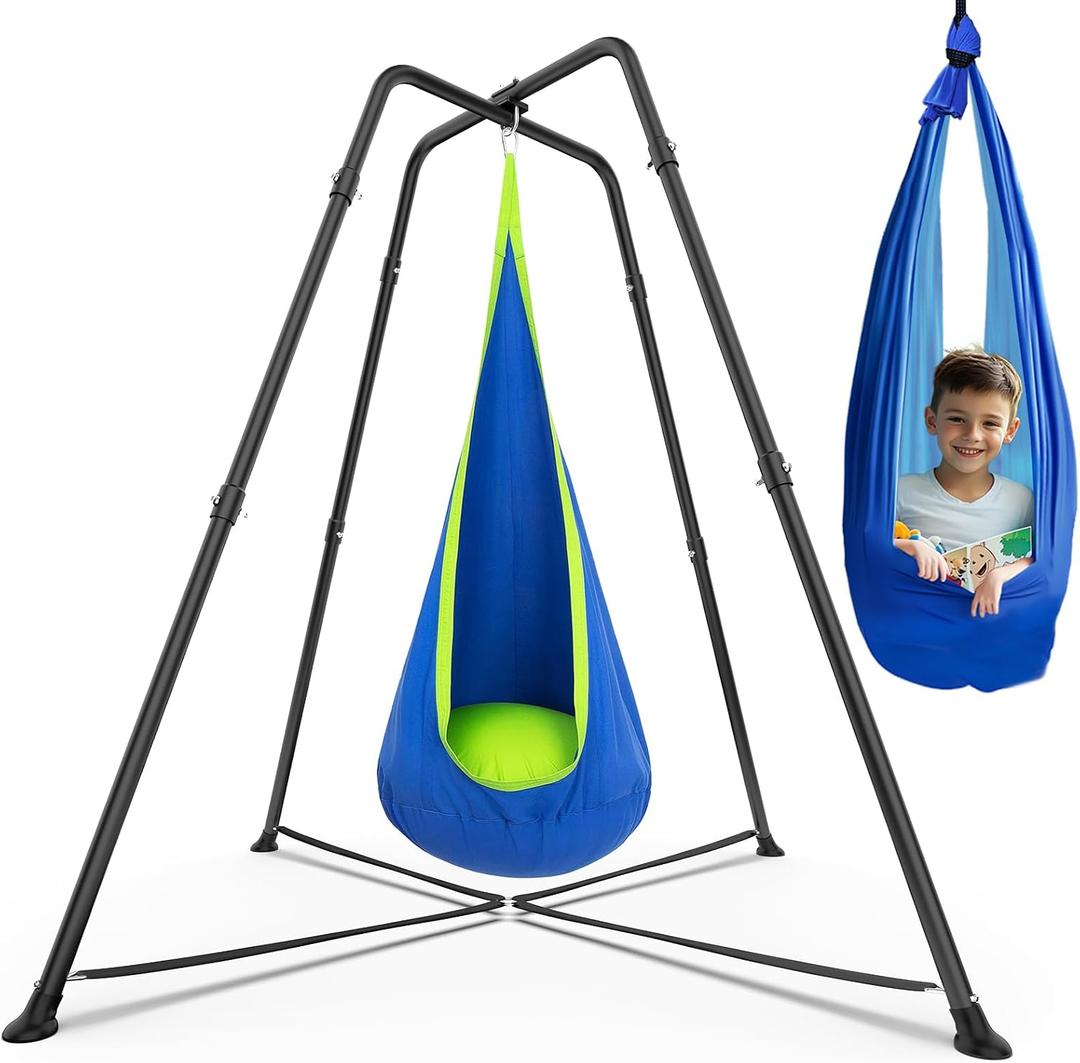 Swing Stand Frame with Sensory Pod Swings and Chair, Sensory Swing Set, X-Shaped Swing Frame, Heavy-Duty Metal Hammock Chair Stand for Adults Indoor and Outdoor 330LBS(Blue)
