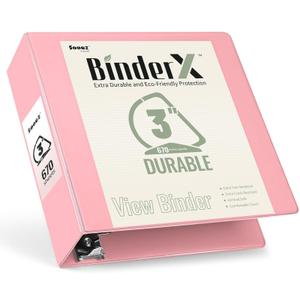 Sooez BinderX Extra Durable 3 Inch 3 Ring Binder, D-Ring Large Binder, Holds 670 Sheets of 8.5x11 Paper, Customizable View Cover with Inside Pocket, Heavy Duty 3 Ring Binder for School, Pink