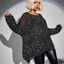 WDIRARA Women's Plus Size Star Print Mesh Glitter Round Neck Long Sleeve Oversized Sparkly Tee Top (Black, L)