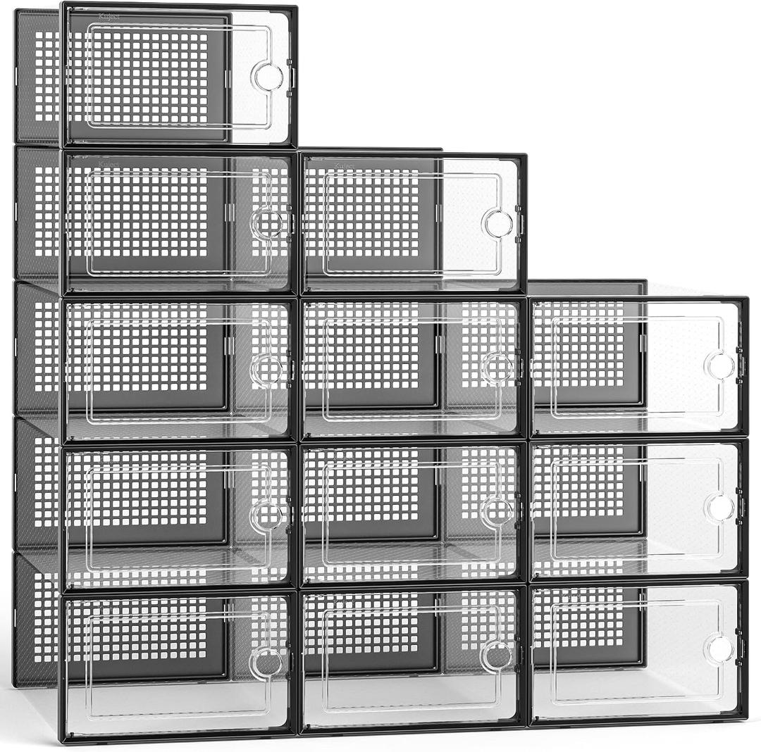 Kuject Large Shoe Organizers Storage Boxes for Closet, 12 Pack Clear Plastic Stackable Storage Bins with Lids, Under Bed Shoe Containers for Entryway, Drop Front, Fit up to Women's Size 10,Black