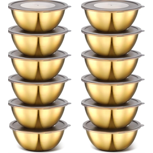 Nuogo 12 Pack 6.69 inches Gold Mixing Bowls with Airtight Lids Gold Stainless Steel Serving Bowl Metal Salad Fruit Soup Kitchen Accessories for Lunch Snack